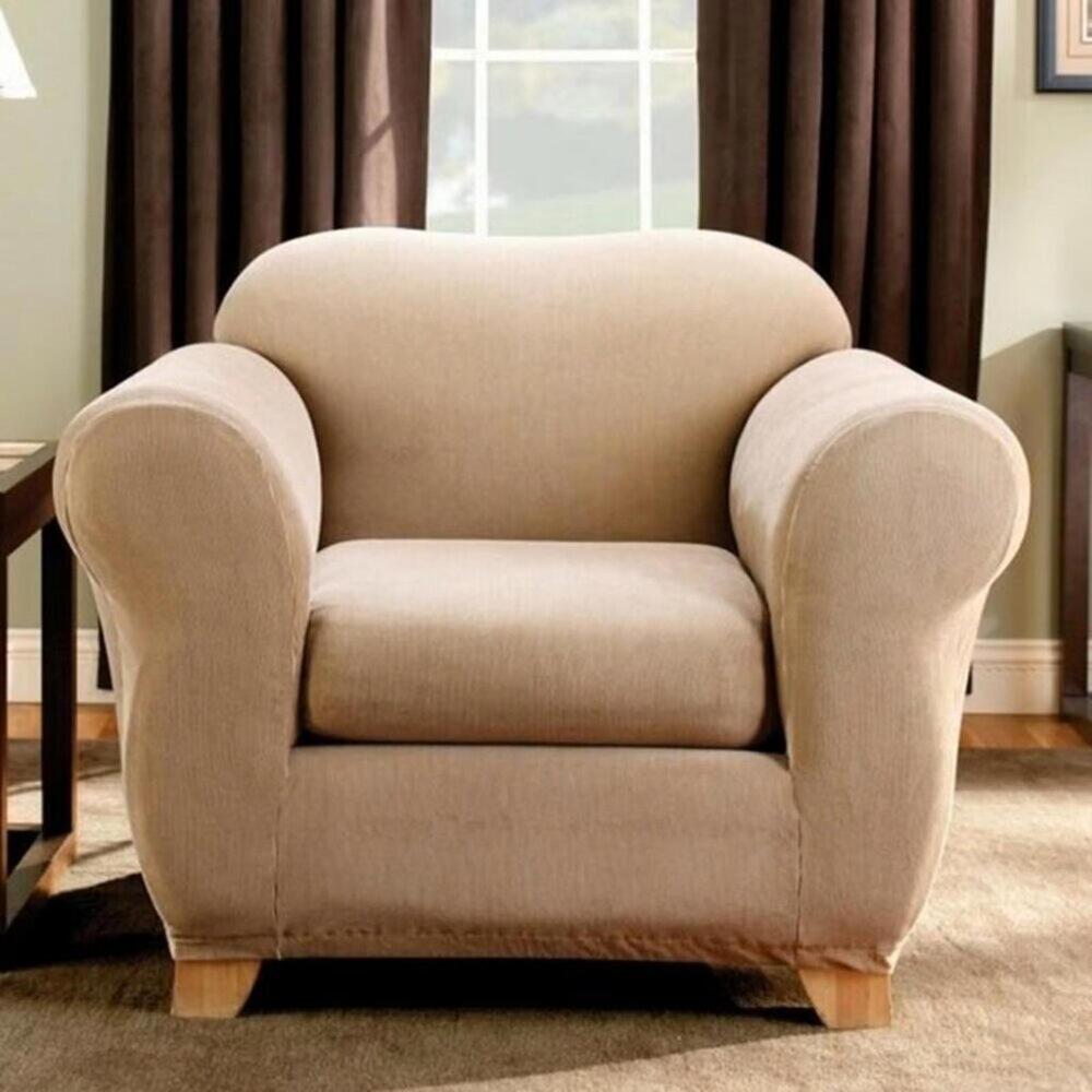 Sure Fit Stretch Stripe Chair Slipcover Box Cushion Sand Beige 2pc NEW